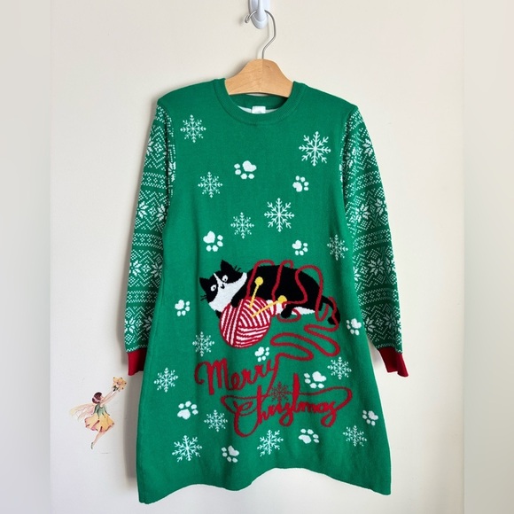 Other - Christmas Dress Green Knit Tunic with Cat Design Long Sleeve Size XXL